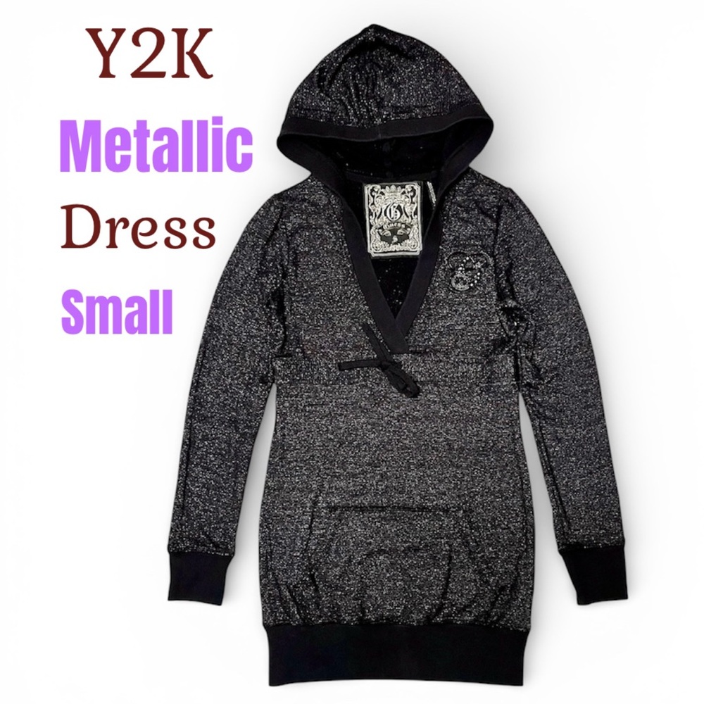 Y2K Metallic Silver Black Hoodie mini Dress small Vintage Guess sweatshirt mini